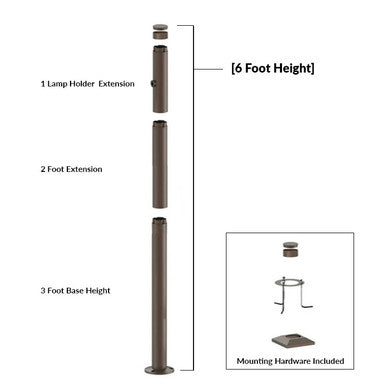 6 Foot Modular Light Pole - 3 Foot Base Height - 2 Foot Extension - 1 Lamp Holder Section  - Bronze Finish