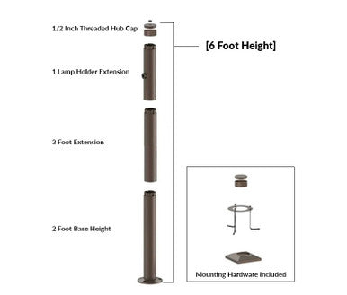 6 Foot Modular Light Pole - 2 Foot Base Height - 3 Foot Extension - 1 Lamp Holder Section - 1/2 Inch Threaded Hub Cap - Bronze Finish