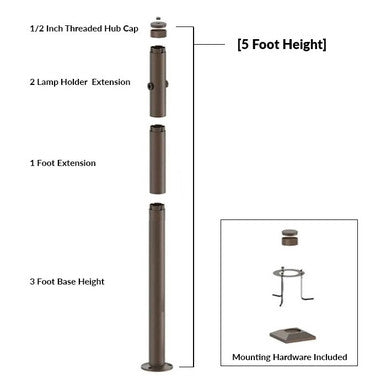 5 Foot Modular Light Pole - 3 Foot Base Height - 1 Foot Extension - 2 Lamp Holder Section - 1/2 Inch Threaded Hub Cap - Bronze Finish