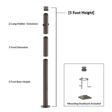 5 Foot Modular Light Pole - 3 Foot Base Height - 1 Foot Extension - 2 Lamp Holder Section  - Bronze Finish