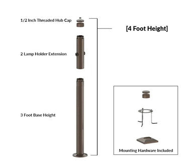 4 Foot Modular Light Pole - 3 Foot Base Height - 2 Lamp Holder Section - 1/2 Inch Threaded Hub Cap - Bronze Finish