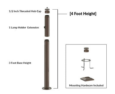 4 Foot Modular Light Pole - 3 Foot Base Height - 1 Lamp Holder Section - 1/2 Inch Threaded Hub Cap - Bronze Finish