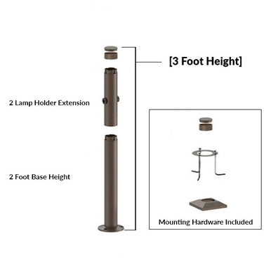 3 Foot Modular Light Pole - 2 Foot Base Height - 2 Lamp Holder Section  - Bronze Finish