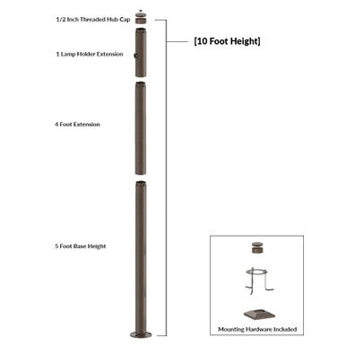 10 Foot Modular Light Pole - 5 Foot Base Height - 4 Foot Extension - 1 Lamp Holder Section - 1/2 Inch Threaded Hub Cap - Bronze Finish