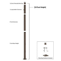 10 Foot Modular Light Pole - 5 Foot Base Height - 4 Foot Extension - 1 Lamp Holder Section - 1/2 Inch Threaded Hub Cap - Bronze Finish