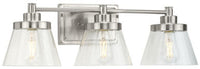 Hinton Collection Three-Light Brushed Nickel Clear Seeded Glass Farmhouse Bath Vanity Light - Damp Location Listed