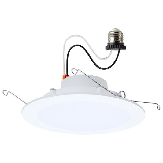 6-inch LED wafer downlight with flat trim, watt selectable 9W 11W 13W, CCT selectable 2700K to 5000K, clean white background