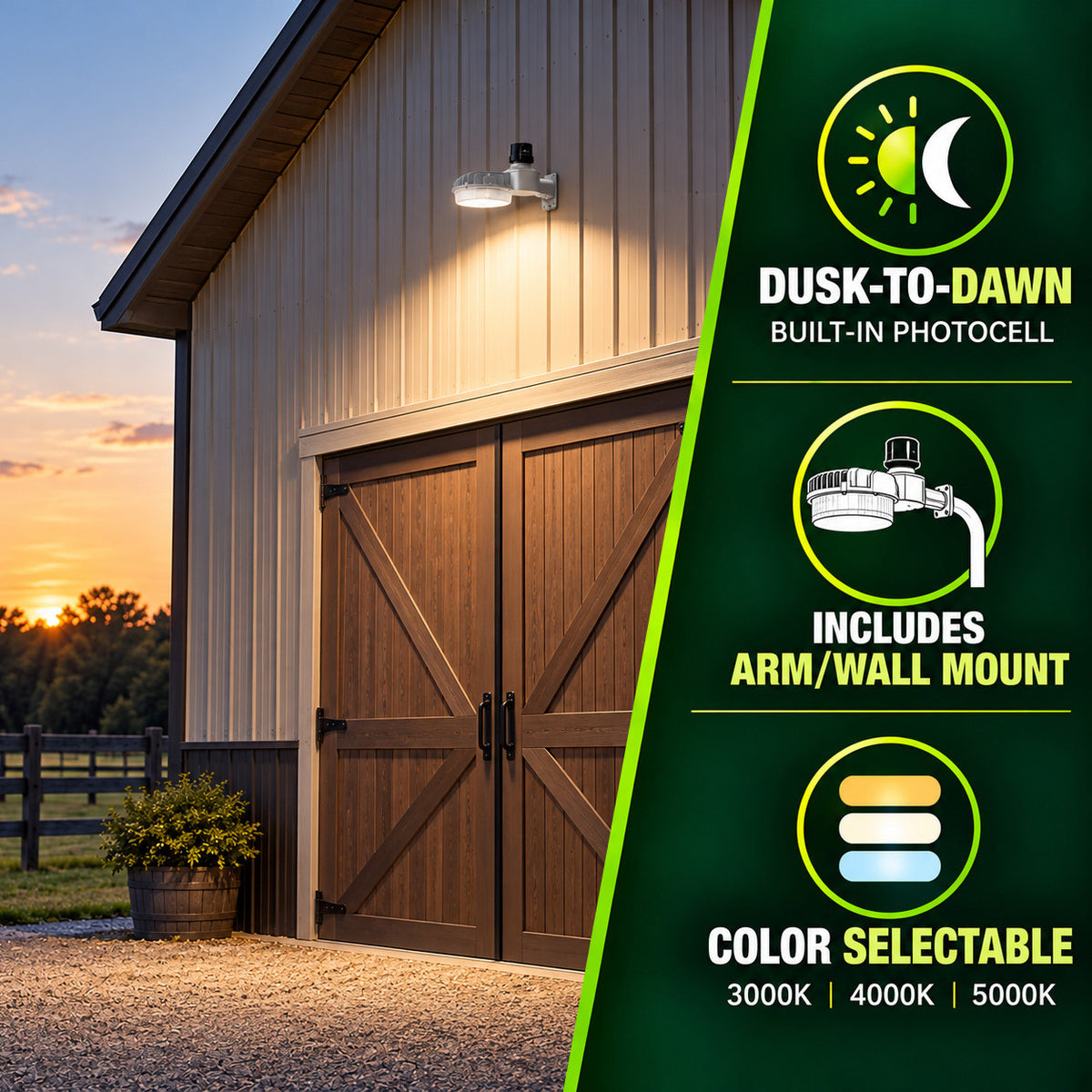 80 Watt LED Dusk To Dawn Light With Photocell - 11200 Max Lumens - Color Selectable 30K/40K/50K - 120-277V - Silver Finish - Includes Arm/Wall Mount