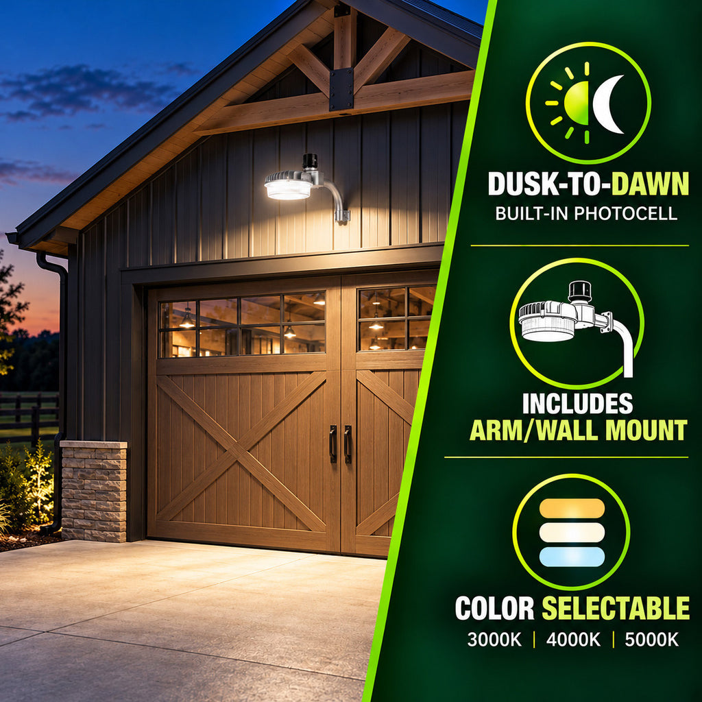 80 Watt LED Dusk To Dawn Light With Photocell - 11200 Max Lumens - Color Selectable 30K/40K/50K - 120-277V - Silver Finish - Includes Arm/Wall Mount