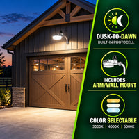 80 Watt LED Dusk To Dawn Light With Photocell - 11200 Max Lumens - Color Selectable 30K/40K/50K - 120-277V - Silver Finish - Includes Arm/Wall Mount