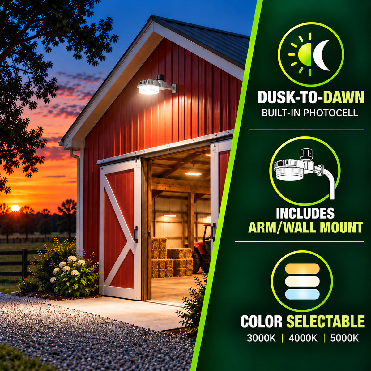 80 Watt LED Dusk To Dawn Light With Photocell - 11200 Max Lumens - Color Selectable 30K/40K/50K - 120-277V - Silver Finish - Includes Arm/Wall Mount