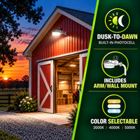 80 Watt LED Dusk To Dawn Light With Photocell - 11200 Max Lumens - Color Selectable 30K/40K/50K - 120-277V - Silver Finish - Includes Arm/Wall Mount
