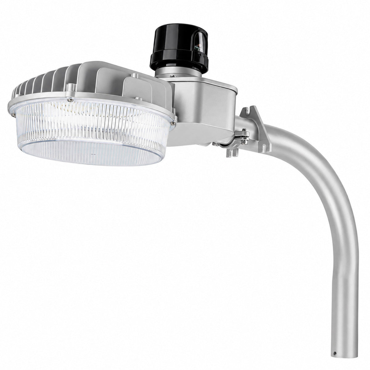 80W LED dusk-to-dawn area light, 11,200 lumens, photocell, arm mount, silver finish