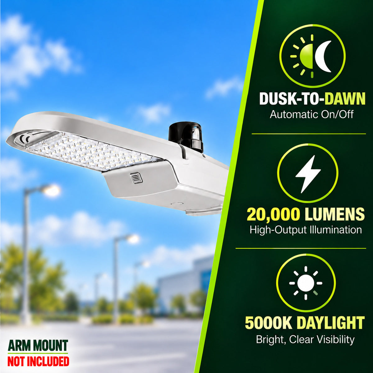150 Watt LED Dusk To Dawn Light With Photocell - 20000 Lumens - 5000K Daylight - 120-277V - Silver Finish