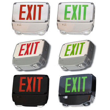 Wet Location Combo LED Exit Sign And Emergency Light - Choose White or Black Housing Color, with Red or Green Lettering - With 90 Minute Battery Back-Up