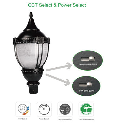 LED Designer Post Light - Small - Selectable 100/80/60 Watt - 11000 Max Lumens - Color Selectable 30K/40K/50K - 120-277V - Black - Fits Up to 3 Inch Pole Top