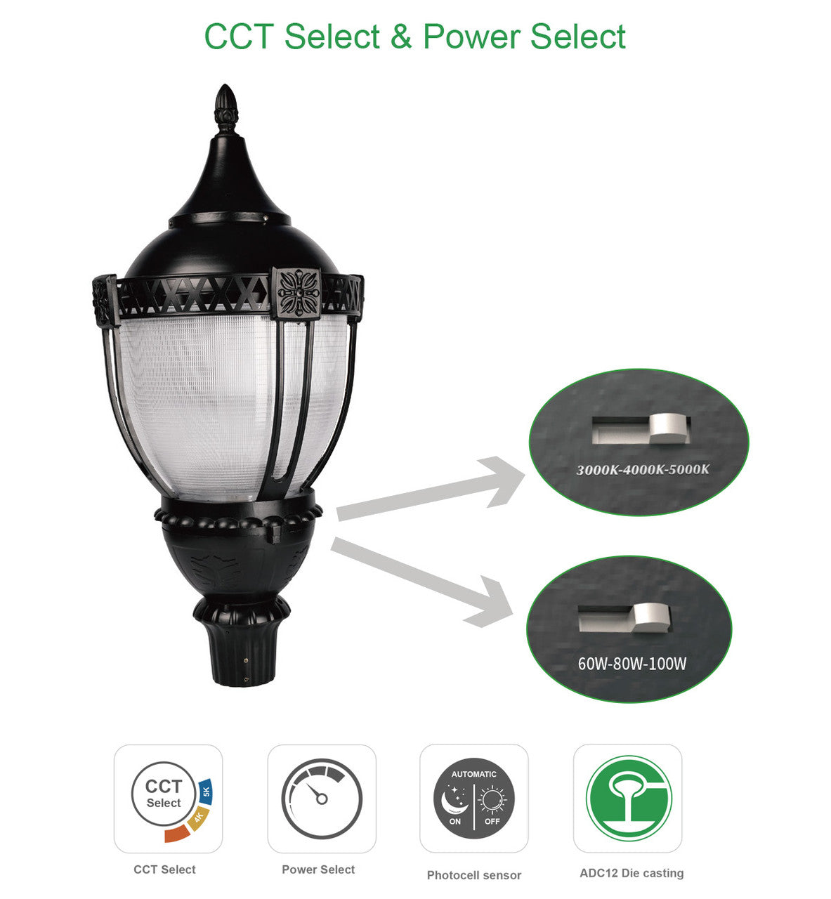 LED Designer Post Light - Small - Selectable 100/80/60 Watt - 11000 Max Lumens - Color Selectable 30K/40K/50K - 120-277V - Black - Fits Up to 3 Inch Pole Top