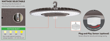 Watt Selectable 350W/280W/210W/140W UFO LED High Bay Light With PIR Motion Sensor - Max 62,000 Lumens - 5000K Daylight - 120-277V - Black Finish