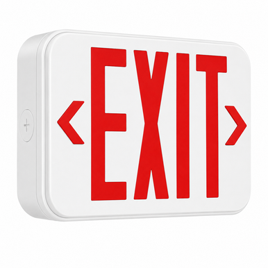 High impact, UL flame rated thermoplastic exit, single/double (universal) face, red letters, white finish, self-test/self-diagnostics