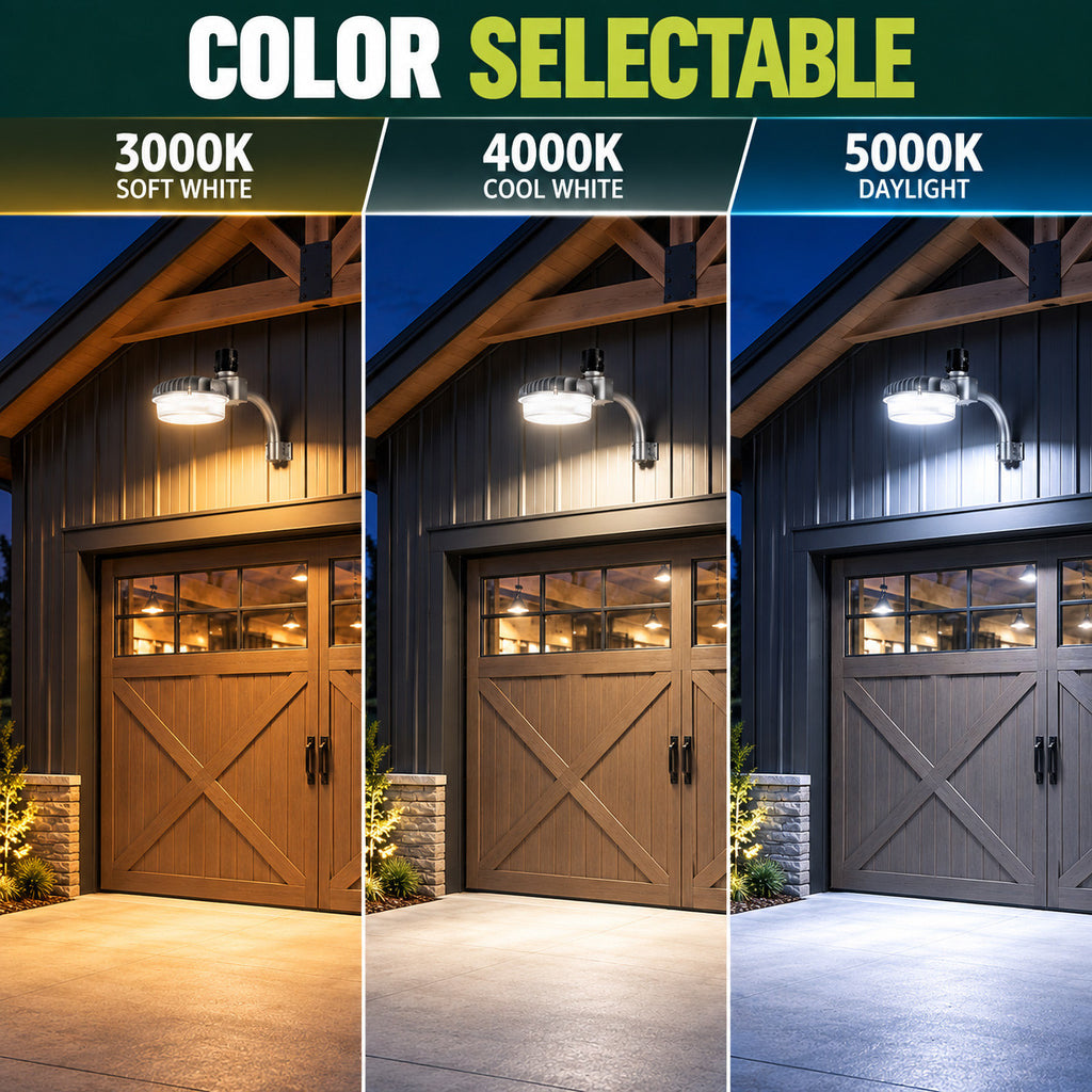80 Watt LED Dusk To Dawn Light With Photocell - 11200 Max Lumens - Color Selectable 30K/40K/50K - 120-277V - Silver Finish - Includes Arm/Wall Mount