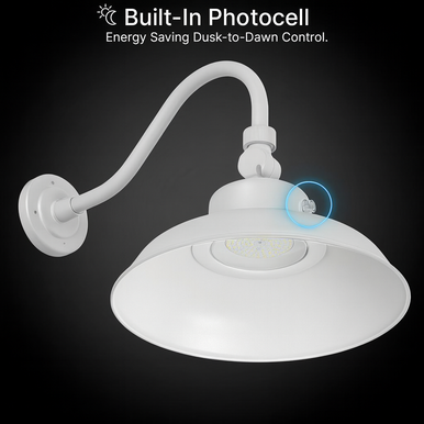 LED Outdoor Gooseneck Wall Lights - Large 40 Watts - 4800 Lumens - Color Selectable 30K/40K/50K - 120-277V - Integrated Photocell - White Finish