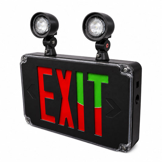 Wet Location Universal Single/Double Face Red & Green Led Exit Sign Combo Unit Black Finish