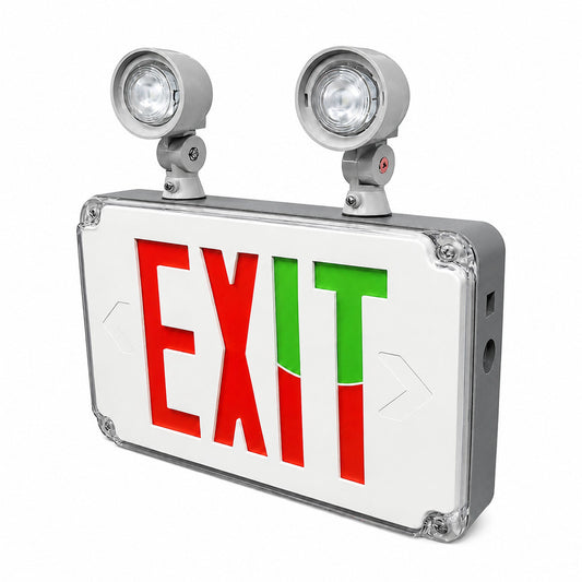 Wet Location Universal Single/Double Face Red & Green Led Exit Sign Combo Unit Grey Finish White Faceplate