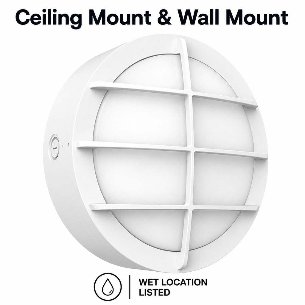LED Round Bulk Head Light With Grid Trim - Wall or Ceiling Mount – Wet Location - Watt Selectable 60W/48W/36W - Color Selectable 30K/40K/50K - 120/277V - White Finish - Integrated Photocell Included