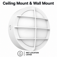 LED Round Bulk Head Light With Grid Trim - Wall or Ceiling Mount – Wet Location - Watt Selectable 60W/48W/36W - Color Selectable 30K/40K/50K - 120/277V - White Finish - Integrated Photocell Included