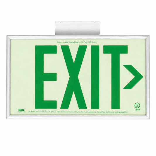 DPL Photoluminescent Exit Sign, ABS Thermoplastic, N/A, Mounting Type: Wall Mount;Ceiling Mount, Number of Faces: single-face, Letter Color: Green, Housing Finish: Color-matched Powder Coated Finish, Environmental Conditions: Wet location;Indoor and 