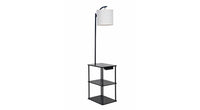 ASD Tray Table Floor Lamp with two square shelves and Outlet Box 120V E26 with LED bulb 9W 3CCT Rocker switch USB-A, Type-C 58inch Black frame Natural shade ETL