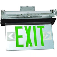 LED Edge Lit Exit Sign Recessed Mount - Black Canopy with Mirror Panel and Green Lettering