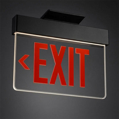 Lithonia Aluminum Edge-Lit Exit Sign, Black, Single face, Red on clear, Left, Dual voltage, Top mount, AC Only - NO Emergency Battery