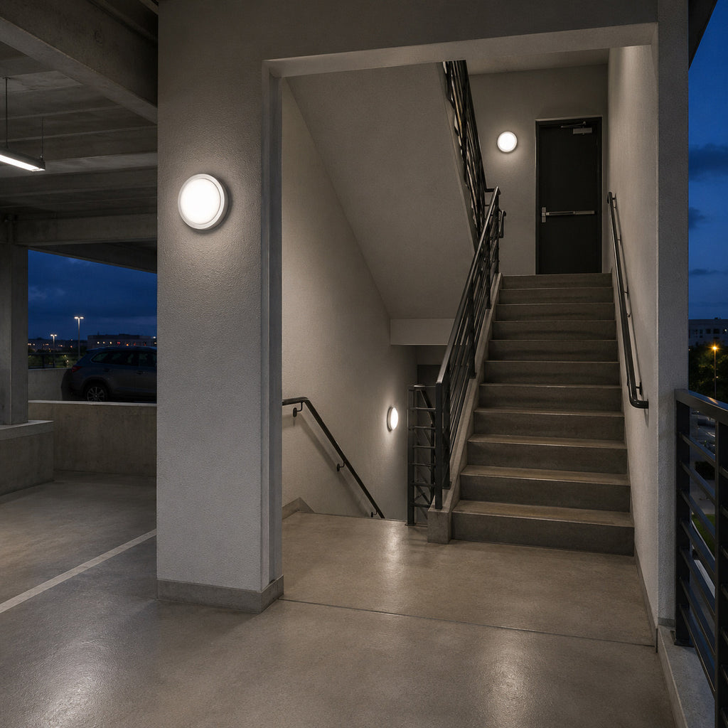 LED Round Bulk Head Light - Wall or Ceiling Mount – Wet Location - Watt Selectable 60W/48W/36W - Color Selectable 30K/40K/50K - 120/277V - White Finish - Integrated Photocell Included