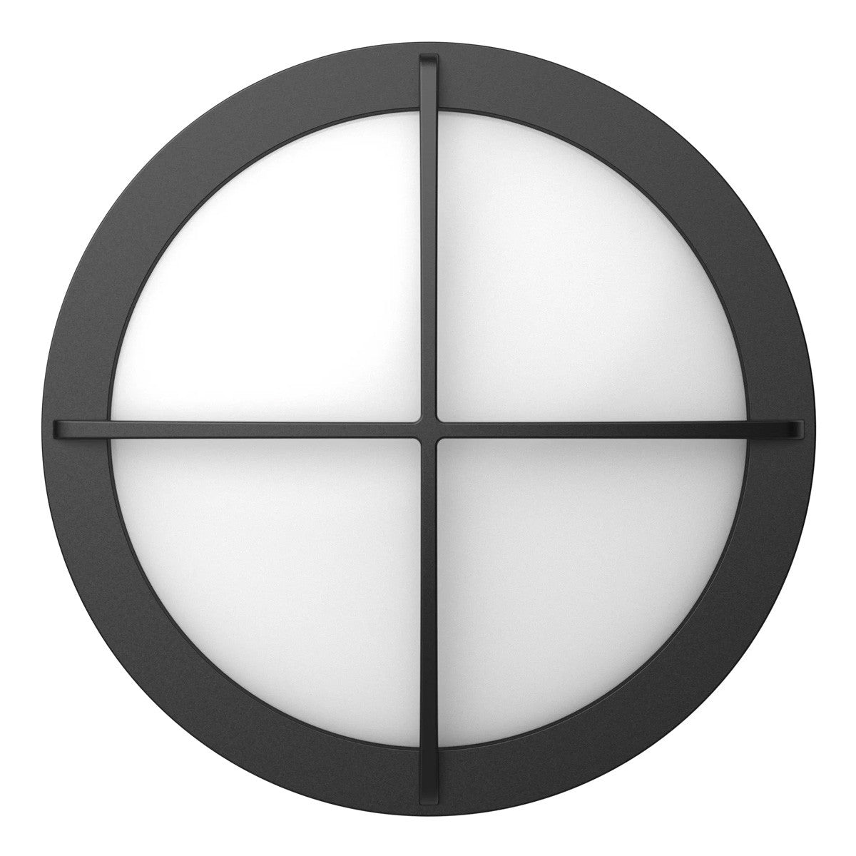 LED Round Bulk Head Light With Cross Trim - Wall or Ceiling Mount – Wet Location - Watt Selectable 60W/48W/36W - Color Selectable 30K/40K/50K - 120/277V - Black Finish - Integrated Photocell Included