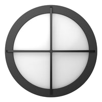 LED Round Bulk Head Light With Cross Trim - Wall or Ceiling Mount – Wet Location - Watt Selectable 60W/48W/36W - Color Selectable 30K/40K/50K - 120/277V - Black Finish - Integrated Photocell Included