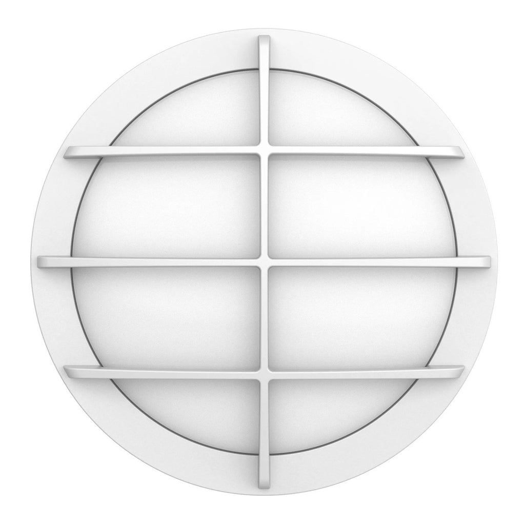 LED Round Bulk Head Light With Grid Trim - Wall or Ceiling Mount – Wet Location - Watt Selectable 60W/48W/36W - Color Selectable 30K/40K/50K - 120/277V - White Finish - Integrated Photocell Included
