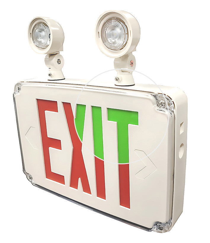 Wet Location Universal Single/Double Face Red & Green Led Exit Sign Combo Unit White Finish