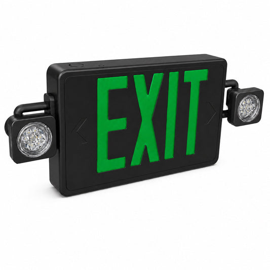 Reduced Profile Combo LED Exit Sign And Emergency Light - Black Housing Color, with Green Lettering - With 90 Minute Battery Back-Up