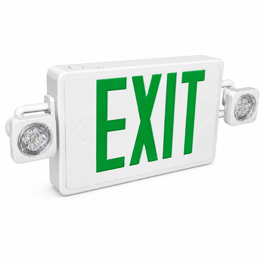 Reduced Profile Combo LED Exit Sign And Emergency Light - White Housing Color, with Green Lettering - With 90 Minute Battery Back-Up