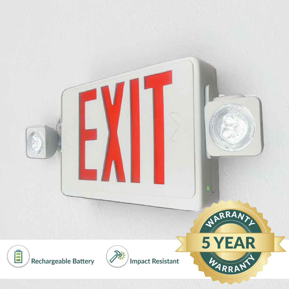 Reduced Profile Combo LED Exit Sign And Emergency Light - White Housing Color, with Red Lettering - With 90 Minute Battery Back-Up