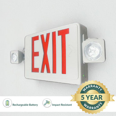 Reduced Profile Combo LED Exit Sign And Emergency Light - White Housing Color, with Red Lettering - With 90 Minute Battery Back-Up