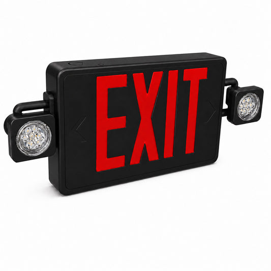 Reduced Profile Combo LED Exit Sign And Emergency Light - Black Housing Color, with Red Lettering - With 90 Minute Battery Back-Up