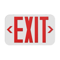 High impact, UL flame rated thermoplastic exit, single/double (universal) face, red letters, white finish, remote capacity
