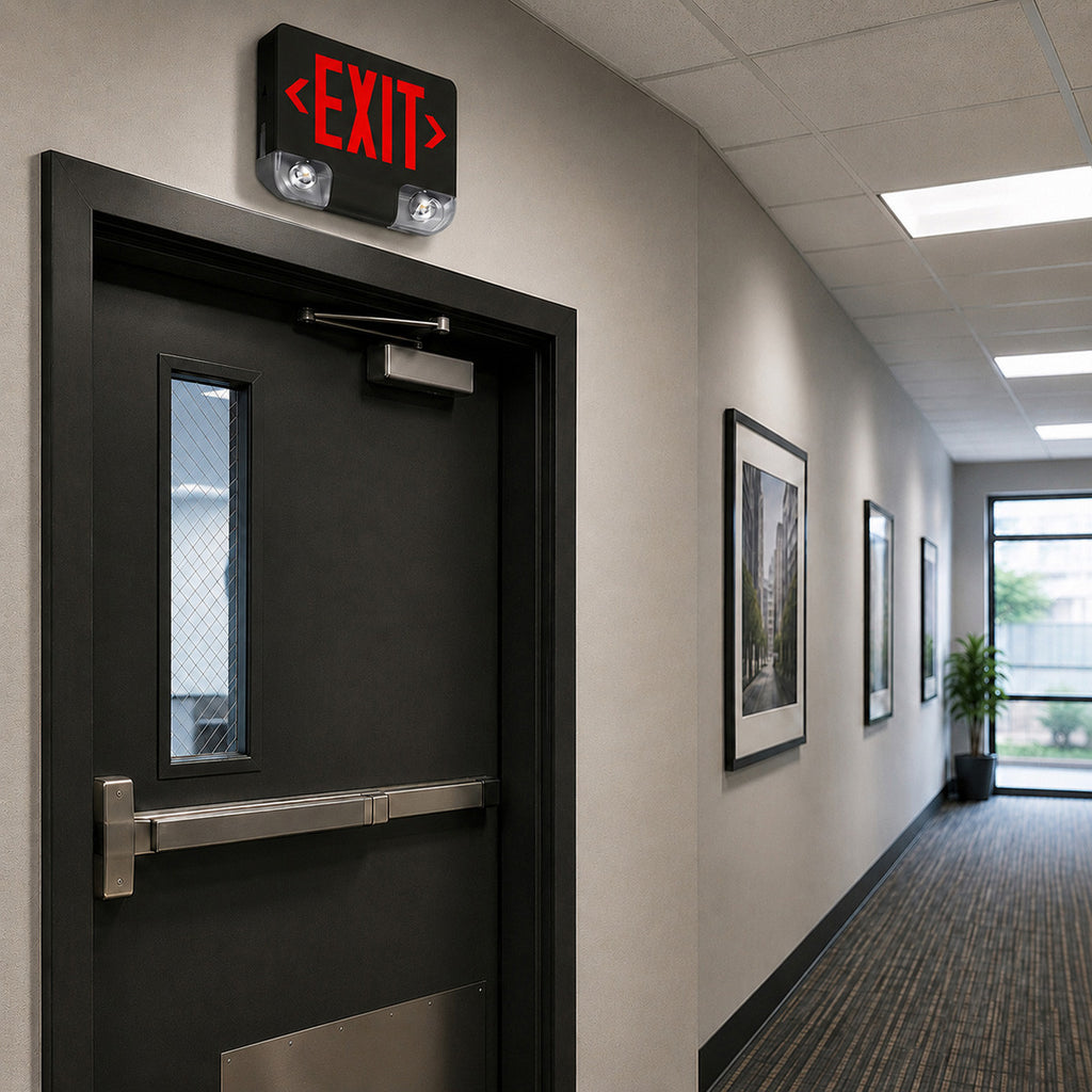 Standard Die-Cast Aluminum LED Exit Sign & Emergency Combo - Red Lettering Color with Black Housing Color - With 90 Minute Battery Back-Up