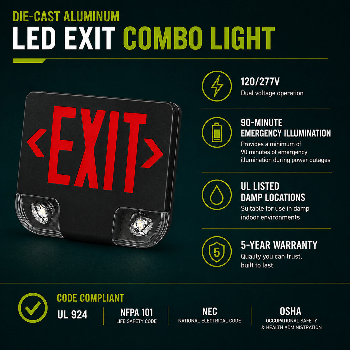 Standard Die-Cast Aluminum LED Exit Sign & Emergency Combo - Red Lettering Color with Black Housing Color - With 90 Minute Battery Back-Up