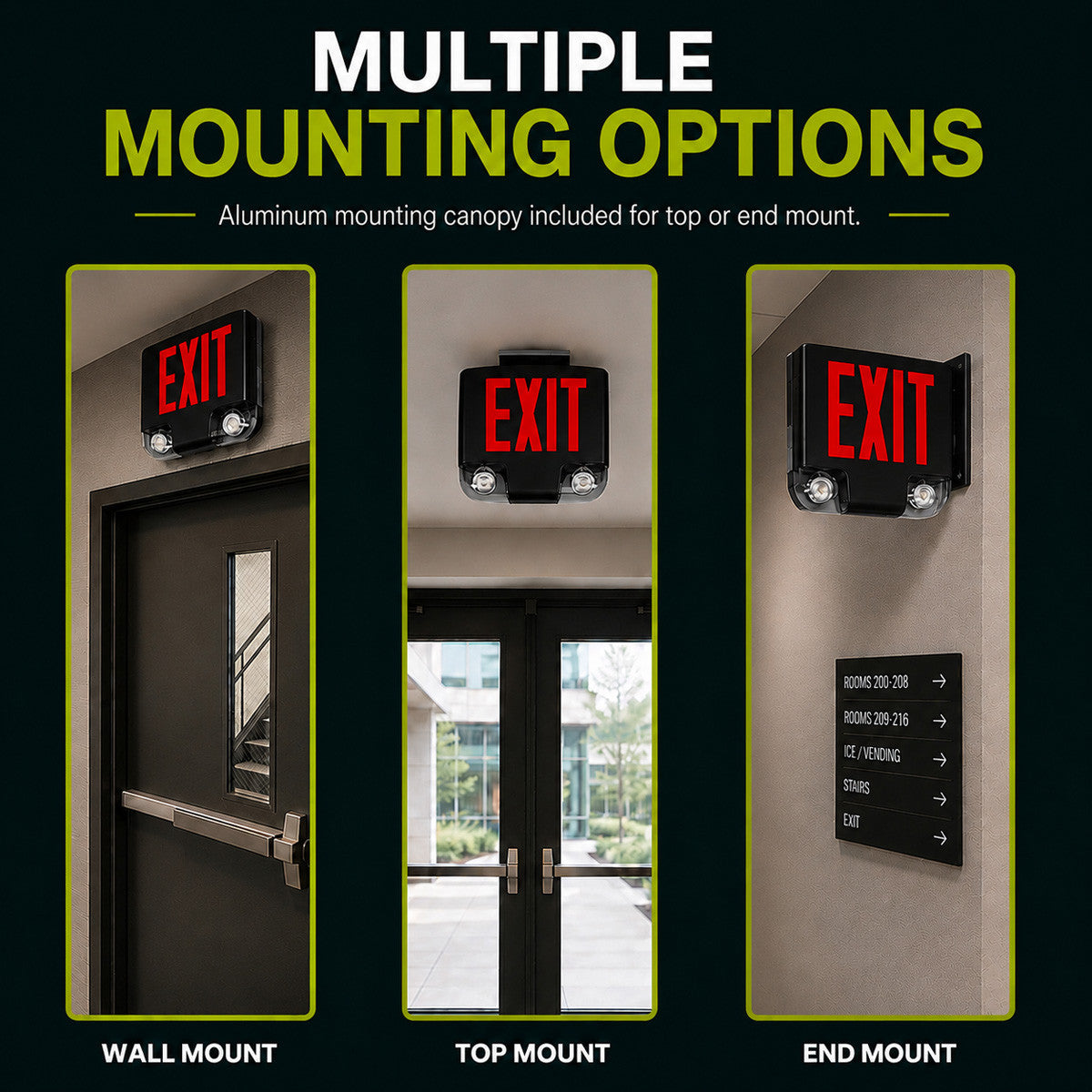 Standard Die-Cast Aluminum LED Exit Sign & Emergency Combo - Red Lettering Color with Black Housing Color - With 90 Minute Battery Back-Up