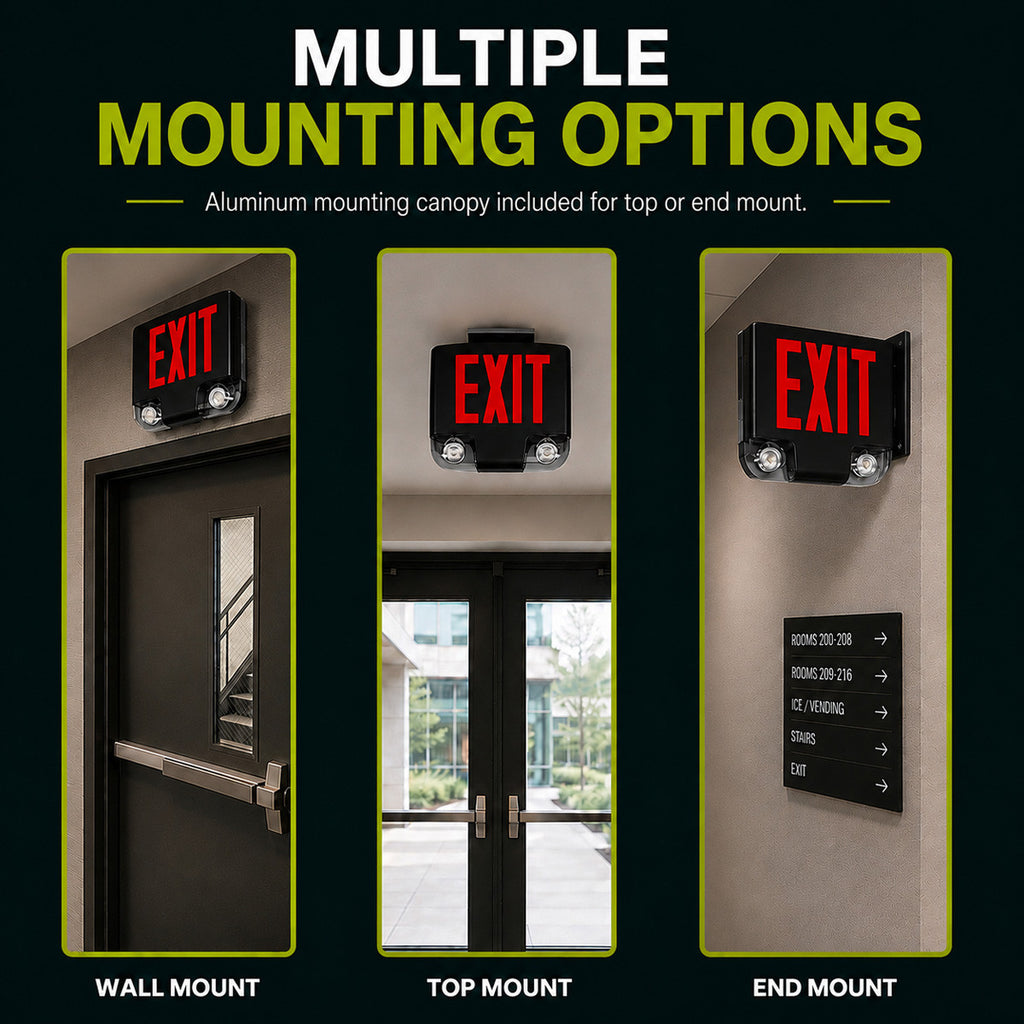 Standard Die-Cast Aluminum LED Exit Sign & Emergency Combo - Red Lettering Color with Black Housing Color - With 90 Minute Battery Back-Up