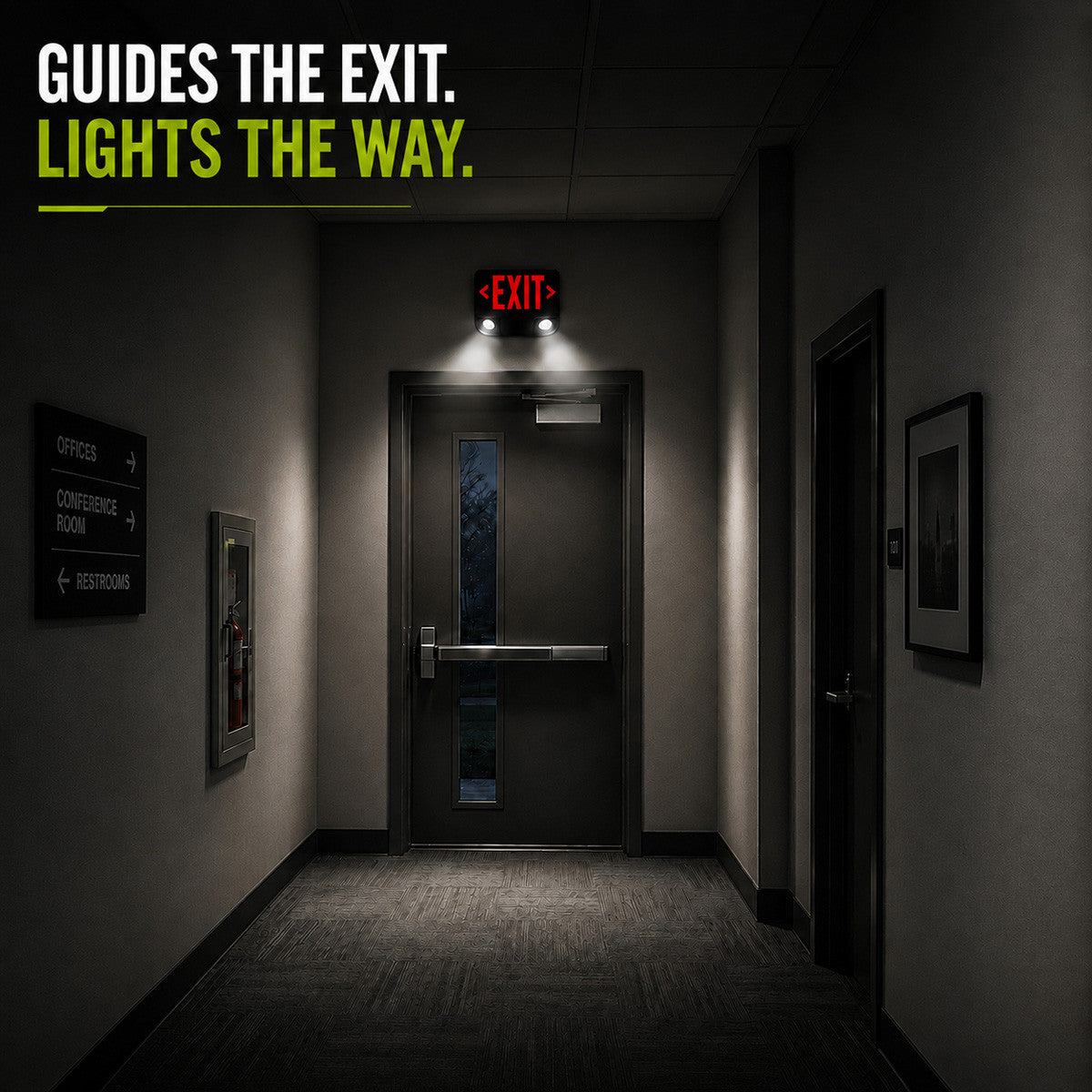 Standard Die-Cast Aluminum LED Exit Sign & Emergency Combo - Red Lettering Color with Black Housing Color - With 90 Minute Battery Back-Up
