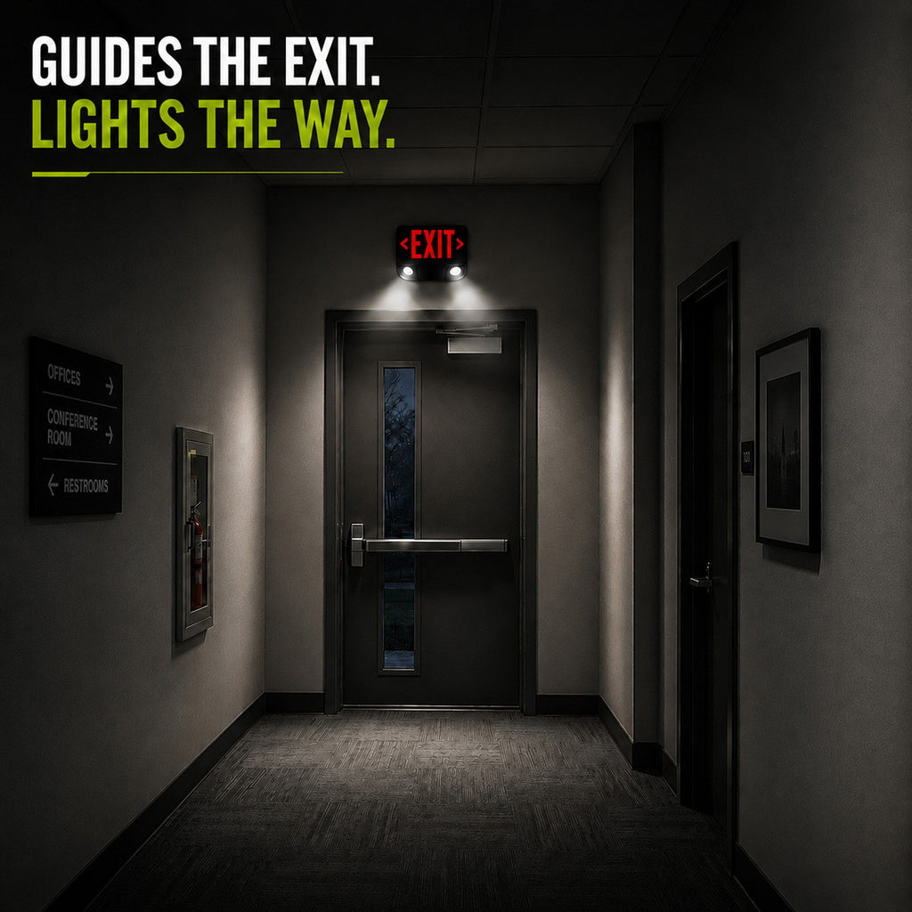 Standard Die-Cast Aluminum LED Exit Sign & Emergency Combo - Red Lettering Color with Black Housing Color - With 90 Minute Battery Back-Up